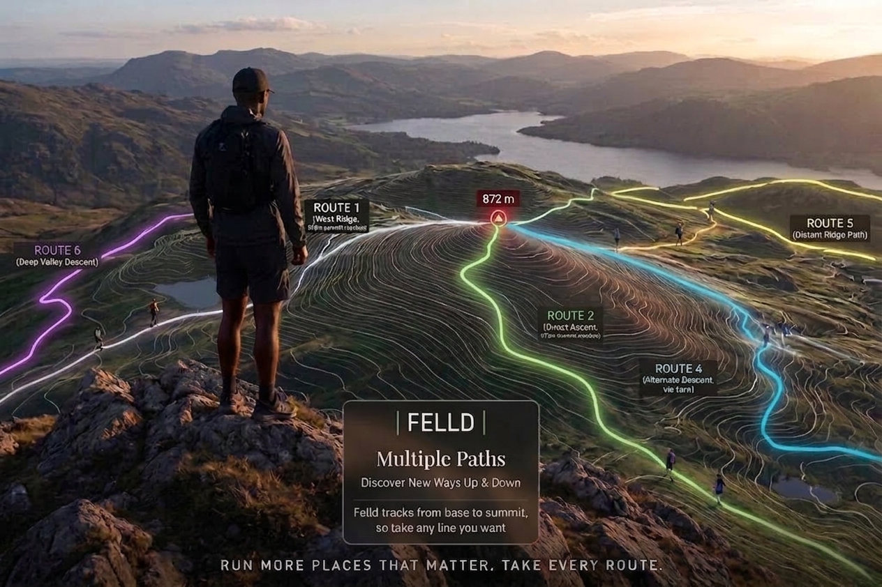 FELLD concept illustration of a runner overlooking a hill with several highlighted routes to the summit